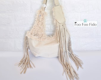 Leather, Sling, Pet Carrier, with Beaded Fringe, Boho, Gypsy, Dog Bag, in 3 Colors