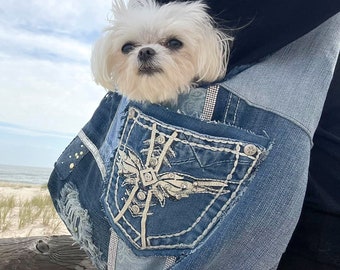 Pet Sling, Dog Purse Carrier, Patchwork, Denim, Rhinestones, Fabric, Dog Carrier Bag Cosette by Foo Foo Fido