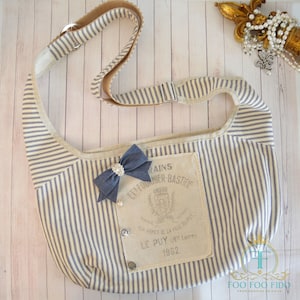 French Country Dog Sling: Blue Ticking Stripe Cotton Pet Carrier