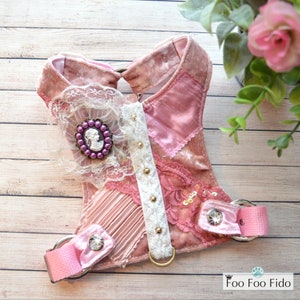 Dog Harness, Small Dog Harness, Adjustable and Choke Free Harness Vest, Pink, Velvet Courtney Harness by Foo Foo Fido