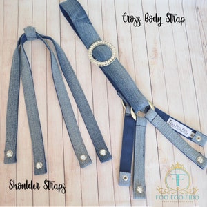 May include: Two sets of denim straps with rhinestones. One set is a single strap with a large rhinestone buckle, labeled "Cross Body Strap". The other set is three straps labeled "Shoulder Straps".