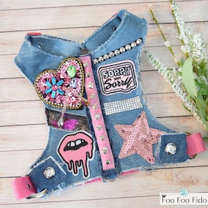 Denim Dog Harness Vest Adjustable Choke Free Small Dog Rock n Roll Harness with Studs Patches Walking Dog Harness Vest