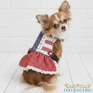 Patriotic Dog Harness Dress – Adjustable, Denim, Stars & Lace, Americana Style Bild 1