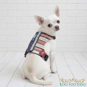 Patriotic Dog Harness Vest – Adjustable, Rhinestone Denim, Stars & Stripes