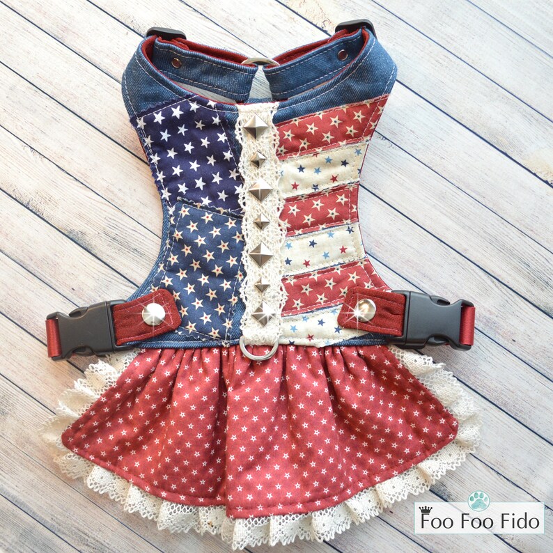 patriotic dog dress, 4th july dog outfit, americana dog vest, denim dog harness, star dog dress, small dog outfit, dog dress harness, handmade pet wear, choke free harness, dog parade outfit, red white blue dog, dog fashion usa, texas dog fashion