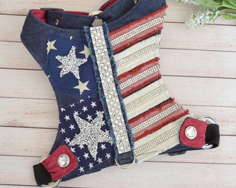 Denim Dog Harness, Patriotic, Dog Vest, Fabric, No Pull, Choke Free, Glory Days Bling by Foo Foo Fido