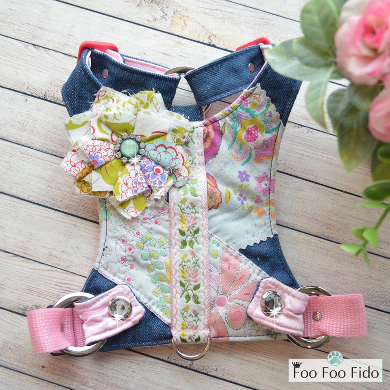 Small Dog Harness, Custom, Choke Free, Adjustable, Denim, Fabric, Designer Dog Harness Vest, Pink Flower by Foo Foo Fido image 2