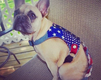 Dog Harness, Patriotic, Denim, Fabric, Custom, Adjustable, Choke Free, Small Dog Harness, Glory Days Dog Vest by Foo Foo Fido