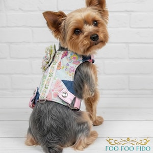 Floral Denim Dog Harness Vest: Handmade Choke-Free Pet Fashion
