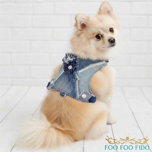 Denim Dog Harness Vest – Adjustable Choke-Free Jean Patchwork Harness with Rhinestones and Removable Flower