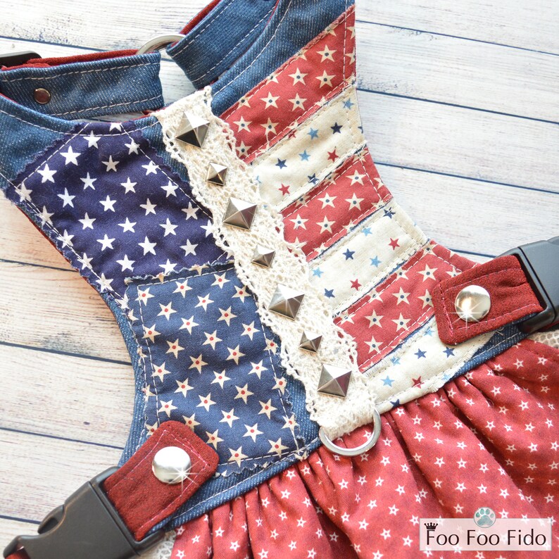 patriotic dog dress, 4th july dog outfit, americana dog vest, denim dog harness, star dog dress, small dog outfit, dog dress harness, handmade pet wear, choke free harness, dog parade outfit, red white blue dog, dog fashion usa, texas dog fashion