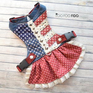 patriotic dog dress, 4th july dog outfit, americana dog vest, denim dog harness, star dog dress, small dog outfit, dog dress harness, handmade pet wear, choke free harness, dog parade outfit, red white blue dog, dog fashion usa, texas dog fashion
