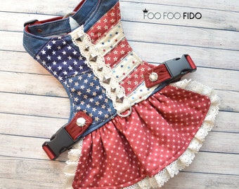Small Dog, Harness,  Dress, Patriotic, Red White and Blue, Denim, Adjustable, Choke Free, Small Dog Harness, Americana by Foo Foo Fido