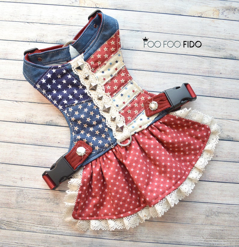 patriotic dog dress, 4th july dog outfit, americana dog vest, denim dog harness, star dog dress, small dog outfit, dog dress harness, handmade pet wear, choke free harness, dog parade outfit, red white blue dog, dog fashion usa, texas dog fashion