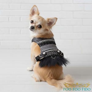Black Leather Feather Dog Harness Dress: Lace & Crystal Trim