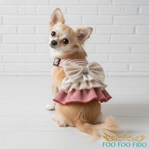 Cottagecore Dog Harness Dress: Ruffle Linen Bow, Choke-Free Shabby Chic Pet Vest