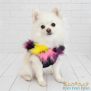 Black Denim Dog Harness: Multi-Color Fur Collar, Satin Lined