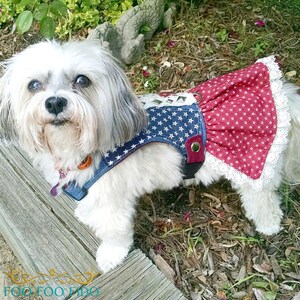 patriotic dog dress, 4th july dog outfit, americana dog vest, denim dog harness, star dog dress, small dog outfit, dog dress harness, handmade pet wear, choke free harness, dog parade outfit, red white blue dog, dog fashion usa, texas dog fashion