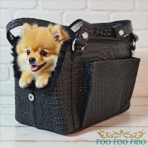 Black Designer Dog Carrier Bag: Airline Approved Pet Travel Tote Faux Croc Iris