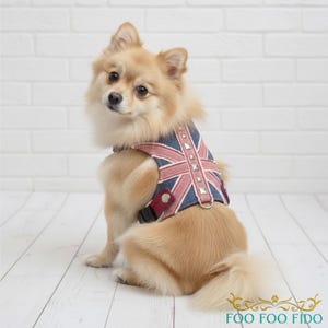 Union Jack Dog Harness Vest – Choke-Free Adjustable Denim Pet Harness with Studs