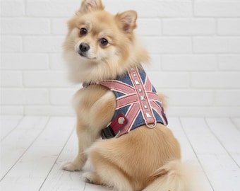 Union Jack Dog Harness Vest – Choke-Free Adjustable Denim Pet Harness with Studs