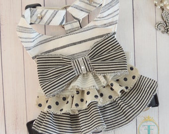 Ruffle Dog Harness Dress: Black Ivory Stripe Linen, Choke-Free
