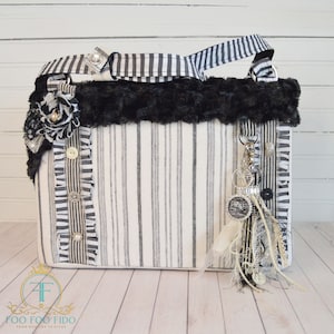 Dog Purse, Carrier, French Country, Black and White, Linen Stripe, Fabric, Ines Dog Bag by Foo Foo Fido