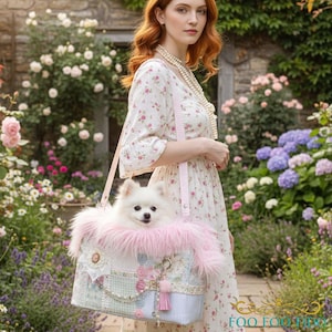 Shabby Chic Dog Carrier – Pink Patchwork Travel Tote with Faux Fur