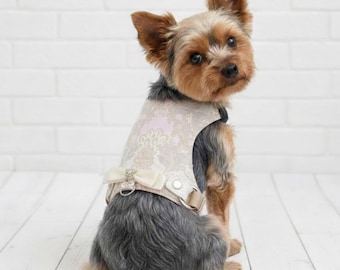 Arnés para perros con brocado marfil: lazo de diamantes de imitación, chaleco antiasfixia