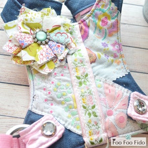 Small Dog Harness, Custom, Choke Free, Adjustable, Denim, Fabric, Designer Dog Harness Vest, Pink Flower by Foo Foo Fido image 3