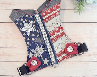 Small Dog Harness, Harness Vest, Patriotic, Blue Denim fabric, Adjustable, Choke Free, Small Dog Harness, Americana by Foo Foo Fido