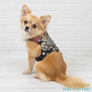 Brocade Dog Harness Vest: Elegant Black Rhinestone, Choke-Free