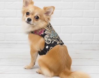 Arnés para perro con brocado: elegante diseño de diamantes de imitación negros, antiasfixia.