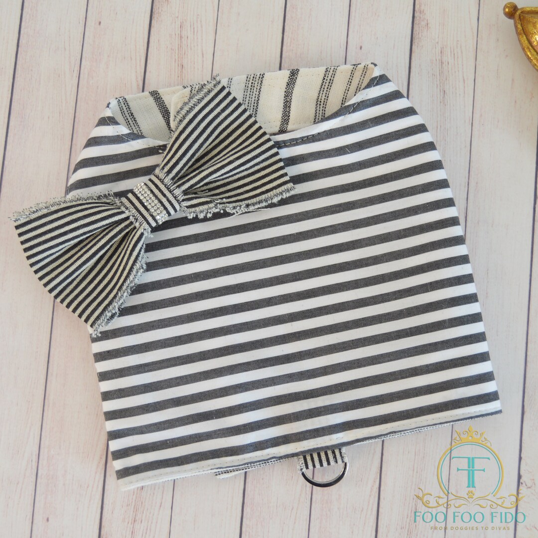 Reversible Harness, Dog Vest, Black and Ivory Linen, Adjustable and