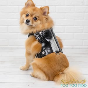 Crystal Patchwork Dog Harness Vest, Silver & Black Denim, Small Dog Couture