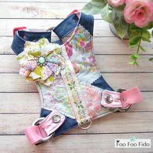 Small Dog Harness, Custom, Choke Free, Adjustable, Denim, Fabric, Designer Dog Harness Vest, Pink Flower by Foo Foo Fido image 1