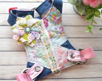 Small Dog Harness, Custom, Choke Free, Adjustable, Denim, Fabric, Designer Dog Harness Vest, Pink Flower by Foo Foo Fido