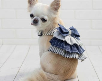 Ruffle Dog Harness Dress: Blue & Ivory Cotton Vest, Choke-Free