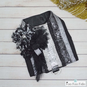 Designer Dog Harness  Black & Gray Patchwork Adjustable Choke-Free Vest with Crystals – Fancy Dog Clothes for Small Dogs