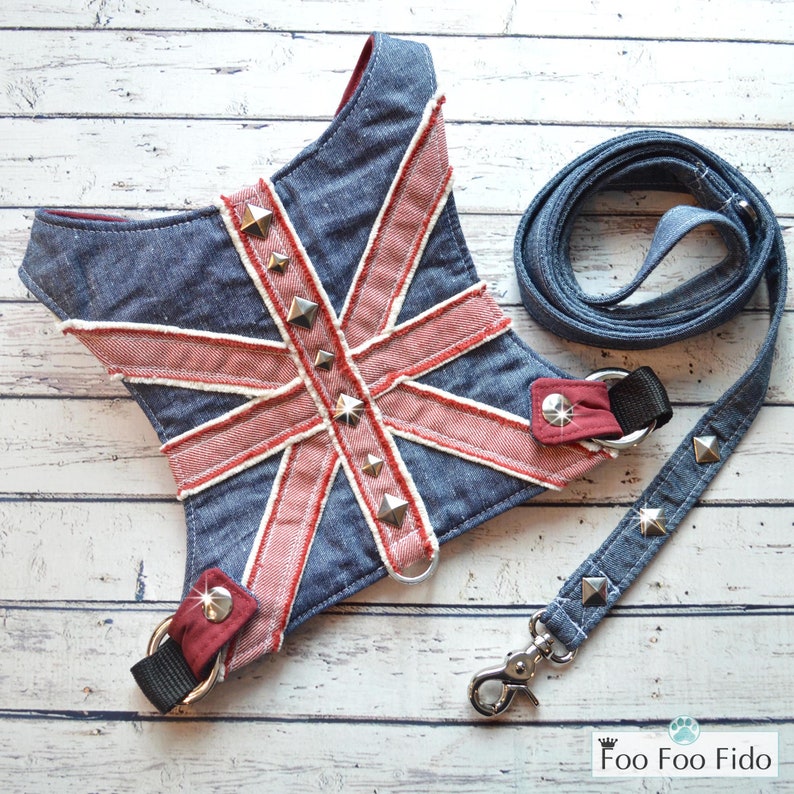 Custom Denim Fabric Dog Harness Union Jack Adjustable Etsy
