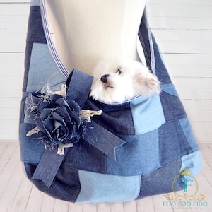 Denim Dog Sling Hands-Free Pet Carrier Small Pups Lightweight Travel Bag Pillow and Leash Hands Free Stylish Travel Tote for Small Dogs