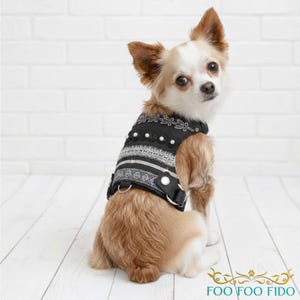 Black Linen Small Dog Harness: Lace, Pearls, Crystals, Choke-Free and Adjustable