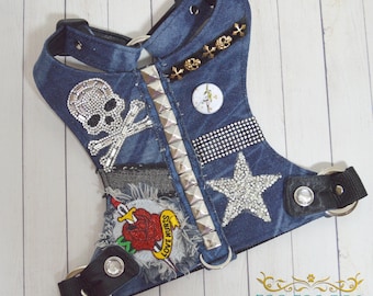 Denim, harnais pour petit chien, tissu, réglable, sans étranglement, rock'n'roll, gilet harnais Heartbreaker par Foo Foo Fido