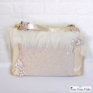 Gold Leather Rhinestone Dog Carrier: Luxury Pet Travel Bag