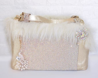 Luxury, Gold Leather, Crystal, Small Dog Carrier, Purse, Custom Pet Travel Bag by Foo Foo Fido