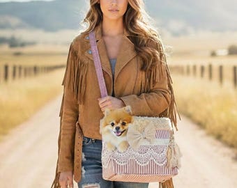 Shabby Chic Dog Carrier Purse: Red Stripe Pet Travel Tote