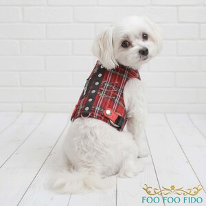 Punk Dog Harness Vest – Red Plaid Choke-Free Adjustable – Rocker Pet Outfit with Studs