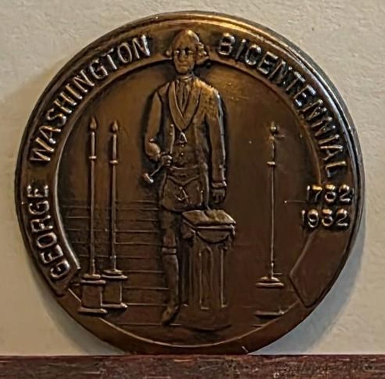 Medalla de Bronce Masónica de George Washington 1932 / Logia Fredericksburg n.° 4 / Objeto de colección histórico del Bicentenario imagen 1