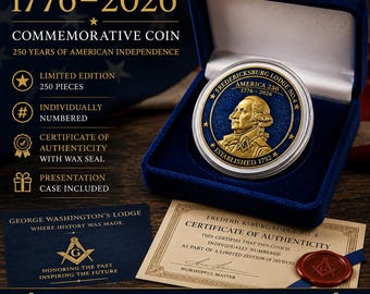 Moneda masónica de edición limitada 1776–2026 – Logia de George Washington – Conmemoración del 250 aniversario de la Independencia de Estados Unidos