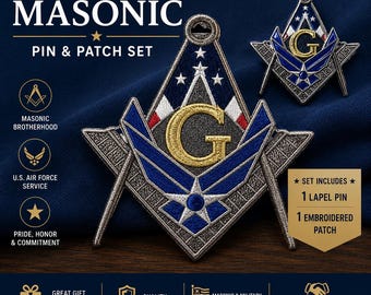 Air Force Masonic Pin and Patch Set – U.S. Air Force Freemason Gift – Military Mason Lapel Pin & Embroidered Patch